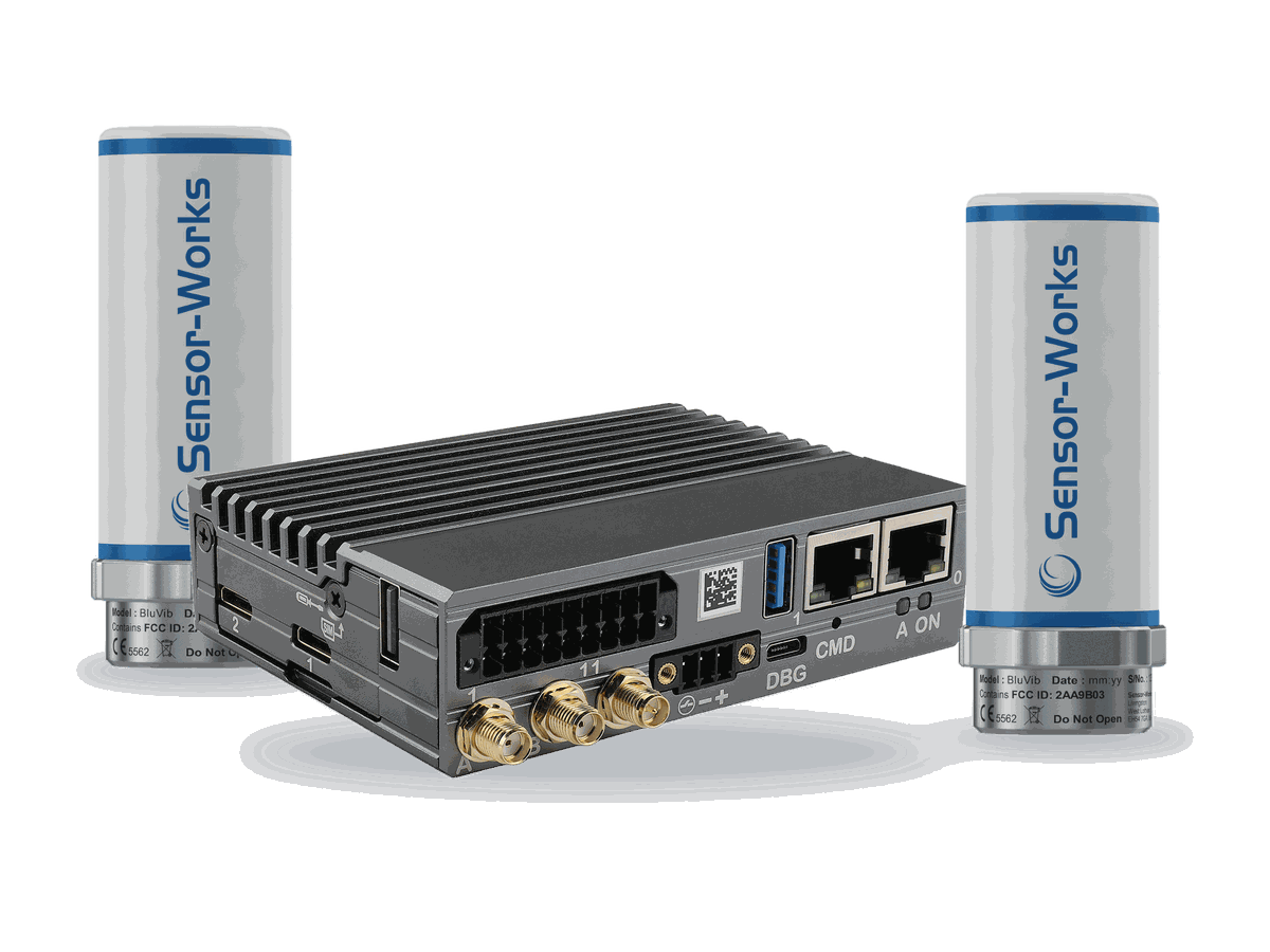 BluVib Field Trial Kit with CompuLab industrial gateway and two BluVib MEMS triaxial wireless vibration sensors